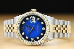 Rolex Mens Datejust Blue Vignette 18k Yellow Gold Diamond & Steel Watch 16013