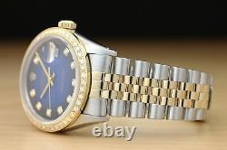 Rolex Mens Datejust Blue Vignette 18k Yellow Gold Diamond & Steel Watch 16013