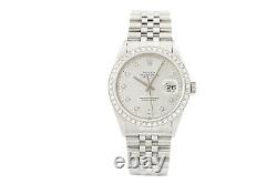 Rolex Mens Datejust Silver Dial 18K White Gold Steel Diamond Watch with Rolex Band