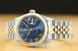 Rolex Mens Datejust Two Tone Blue Roman Dial Quickset Watch + Rolex Band