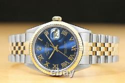 Rolex Mens Datejust Two Tone Blue Roman Dial Quickset Watch + Rolex Band