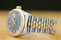 Rolex Mens Datejust Two Tone Blue Roman Dial Quickset Watch + Rolex Band