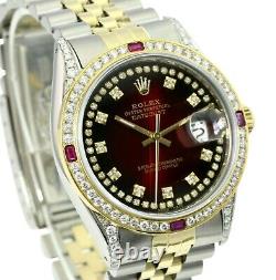 Rolex Mens Datejust Two-tone Red Vignette Dial Diamond Ruby Bezel 36mm Watch
