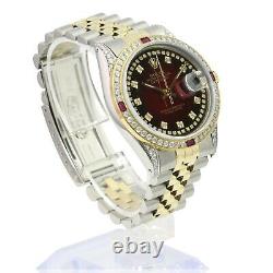 Rolex Mens Datejust Two-tone Red Vignette Dial Diamond Ruby Bezel 36mm Watch