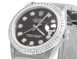 Rolex Midsize Datejust 67480 31MM Oyster Black Dial Diamond Watch 1.75 Ct