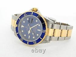 Rolex Submariner Blue Sub 18k Yellow Gold Stainless Steel Watch No Holes 16613T