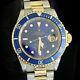 Rolex Submariner Date Mens 18k Yellow Gold & Steel Watch Blue Dial Bezel 16613