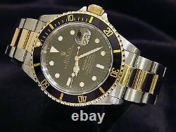 Rolex Submariner Mens 18k Yellow Gold Stainless Steel Watch Black Sub Date 16613
