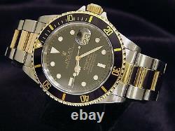 Rolex Submariner Mens 18k Yellow Gold Stainless Steel Watch Black Sub Date 16613
