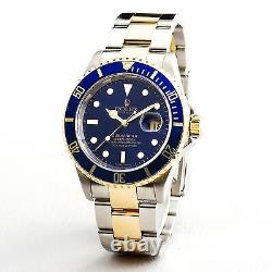 Rolex Submariner Mens 18k Yellow Gold & Steel Watch Blue Sub No Holes SEL 16613T