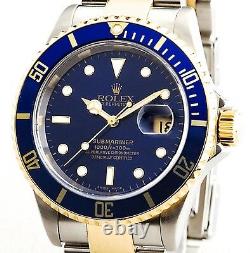 Rolex Submariner Mens 18k Yellow Gold & Steel Watch Blue Sub No Holes SEL 16613T
