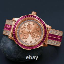 Ruby Red Rose Gold Tone Diamond Dial Stainless Steel Custom Bezel Band Men Watch