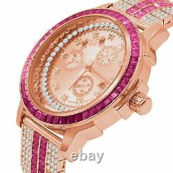 Ruby Red Rose Gold Tone Diamond Dial Stainless Steel Custom Bezel Band Men Watch