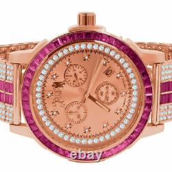 Ruby Red Rose Gold Tone Diamond Dial Stainless Steel Custom Bezel Band Men Watch