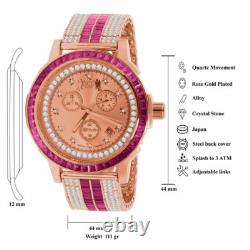 Ruby Red Rose Gold Tone Diamond Dial Stainless Steel Custom Bezel Band Men Watch