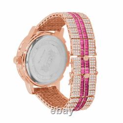 Ruby Red Rose Gold Tone Diamond Dial Stainless Steel Custom Bezel Band Men Watch