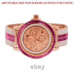 Ruby Red Rose Gold Tone Diamond Dial Stainless Steel Custom Bezel Band Men Watch