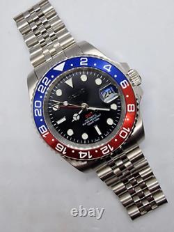 Seiko Mod GMT Pepsi NH34 Automatic Watch 40mm, Stainless Steel, Custom Red-Blue