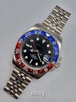 Seiko Mod GMT Pepsi NH34 Automatic Watch 40mm, Stainless Steel, Custom Red-Blue