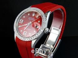 Sporty Custom Rolex Datejust Red Dial Rubber Band 36MM Diamond Watch 2.75 Ct