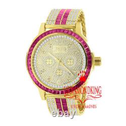 Stainless Steel Custom Bezel Gold Finish Watch Ruby Red Mens Real Diamond Dial