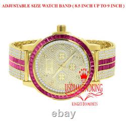 Stainless Steel Custom Bezel Gold Finish Watch Ruby Red Mens Real Diamond Dial