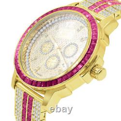 Stainless Steel Custom Bezel Gold Finish Watch Ruby Red Mens Real Diamond Dial