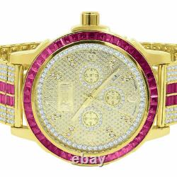 Stainless Steel Custom Bezel Gold Finish Watch Ruby Red Mens Real Diamond Dial