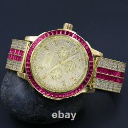 Stainless Steel Custom Bezel Gold Finish Watch Ruby Red Mens Real Diamond Dial