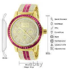 Stainless Steel Custom Bezel Gold Finish Watch Ruby Red Mens Real Diamond Dial