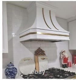 White Stainless Steel Custom Range Vent Hood kitchen Canopy with Brass Bands