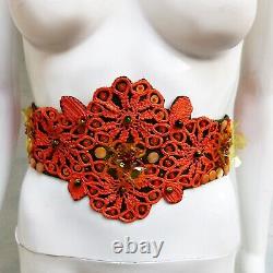 Women accessories belt italian luxury fashion royal crochet flowers beads orange