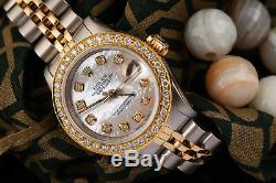 Women's 2 Tone Rolex 26mm Datejust White MOP Mother of Pearl Dial with Diamond